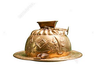 Unique brass lamp with intricate designs on display showcasing craftsmanship and historical significance from a specified era