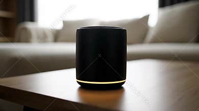 Black Smart Speaker Virtual Home Assistant on Table in Living Room