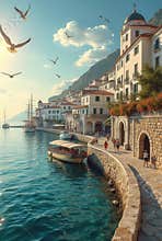 Scenic Mediterranean Town by Waterfront at Sunset
