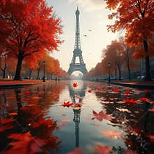 Eiffel Tower Framed by Red and Orange Foliage