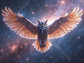 Surreal Owl in Space with Starry Background