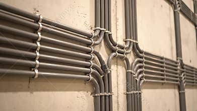 Exposed Electrical Conduit Runs Along Concrete Wall Structure