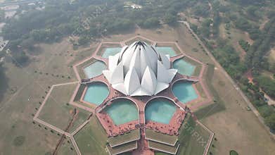 4k Aerial Drone shot of Lotus Temple a Buddhist temple in New Delhi India