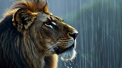 Lion Close-Up Side Profile During Rain in African Savannah