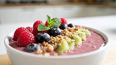Healthy Acai Smoothie Bowl Topped with Fresh Berries and Granola