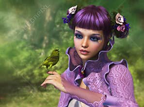 Girl and Green Bird, 3d CG