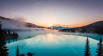 Turquoise lake mist at sunrise with mountain silhouettes and pine trees water