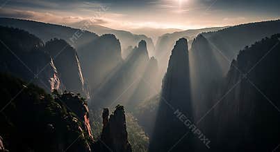 Dramatic sunbeams pierce misty mountain peaks at sunrise light