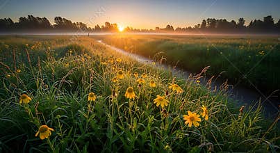 Sunrise over misty meadow with yellow flowers and stream image
