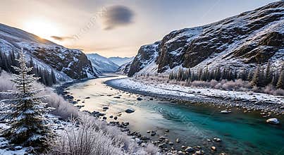 Winding river through snow covered mountains at sunrise water winter