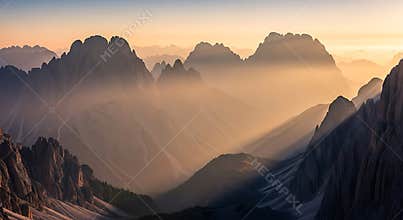 Jagged mountain peaks bathed in golden sunrise light and mist rock cliff