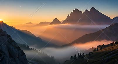 Golden sunrise over misty mountain valley with sharp peaks image