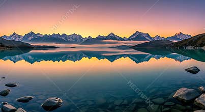 Serene mountain lake reflects colorful sunset sky and snow capped peaks reflection