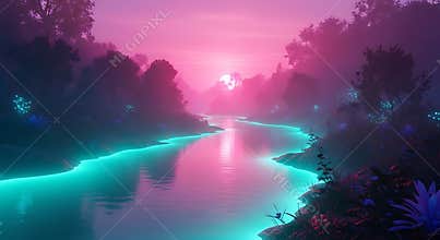 Ethereal river flows through a misty forest at sunset with glowing flora image