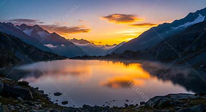 Serene mountain lake reflects vibrant sunset sky and rocky peaks clouds orange