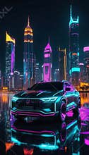 High-Tech Car Design with Reflections and City Skyline