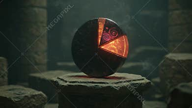 An Enigmatic Artifact: A Mysterious Symbolic Sphere with Intricate Design Elements Illuminated Against a Shadowy Ruinous Backdrop