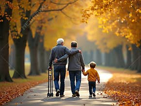 Senior Man with Walking Sticks, Adult Son & Grandson Walking Through Autumn Forest