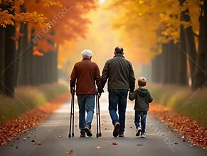 Senior Man with Walking Sticks, Adult Son & Grandson Walking Through Autumn Forest