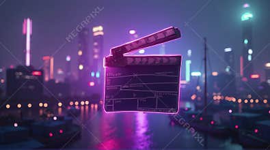 Neon Cityscape with Movie Clapperboard
