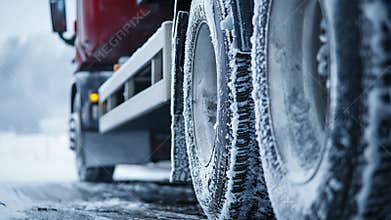 Snowy road conditions challenge heavy truck driving in winter landscape