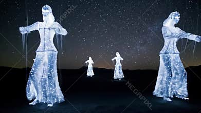 Ethereal figures dance under a starry night sky