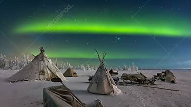 Frozen camp under northern lights, Cold Arctic snow camp illuminated by shimmering northern lights, Chilly Arctic snow