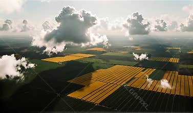 Serene Aerial View of Expansive Agricultural Fields at Golden Hour