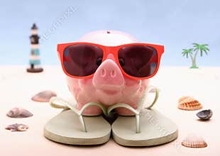 Funny Piggy bank with sunglasses, holiday background