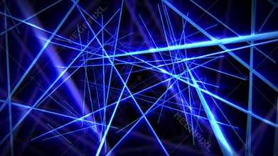 Seamless loop background with intersecting neon blue light streaks forming geometric web of lines