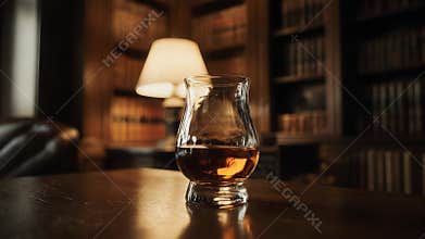 Brandy snifter with amber liquid, dark library background with soft lamp light