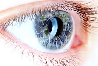 Blue eye in macro with earth map