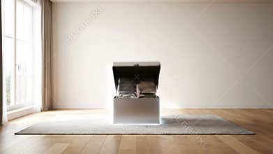 Furniture magically transitions from a box to a variety of stylish pieces in a bright, airy room. Sunlit setting