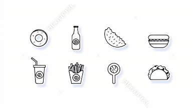 A Collection of Eight Minimalist Outline Icons Representing Various Fast Food Items Desserts and Beverages