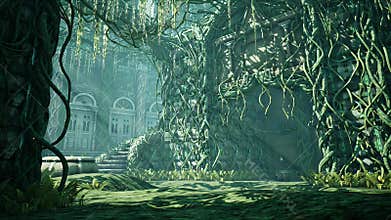 Eerie Scene of Majestic Architecture Consumed by Massive, Tangled Emerald Vegetation