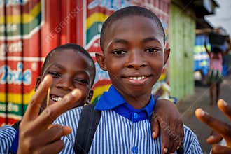 ACCRA, GHANA � MARCH 18: Unidentified African student kids gree