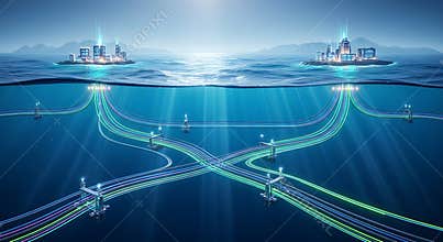 Futuristic offshore energy platforms connected by glowing subsea pipelines and advanced infrastructure