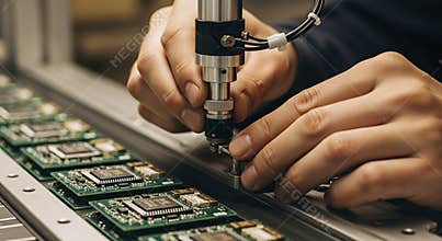 Precision Microelectronics Assembly Technician Adjusts Automated Solder Robot Arm on Circuit Boards