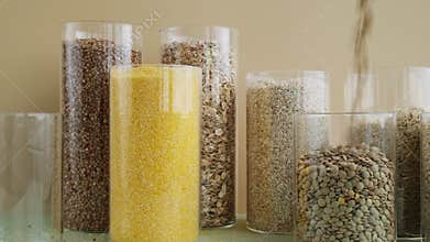 Set of Raw porridges in sustainable packaging. Refillable systems of packaging. Gluten free cereals. Health gut benefits