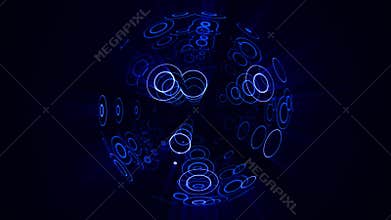 Seamless loop animation of blue circular rings pattern in transparent sphere with dynamic light rays