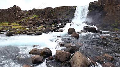 Rotation view on Oxararfoss waterfall