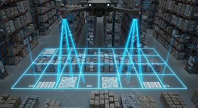 Drone scans qr codes and barcodes in a large warehouse for inventory management system