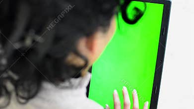 Tablet, close up. Hands holding and using business tablet CHROMA KEY