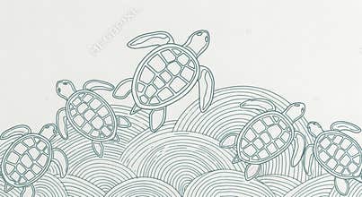 Sea Turtle Illustration with Wavy Ocean Lines