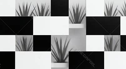 Modern black and white abstract background with geometric rectangles and plant silhouettes