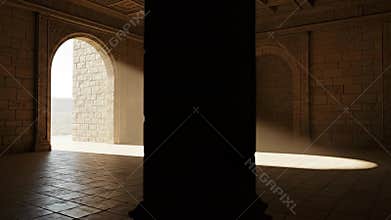 Arched doorway interior sunlight shadows beige tones architectural design