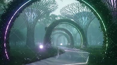 Arched pathway through a mystical forest illuminated atmospheric lighting