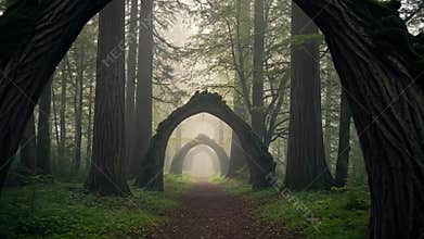 Arched trees pathway through forest dense foliage atmospheric lighting