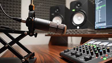 Professional podcast recording studio equipment setup