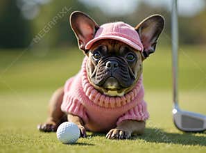 French bulldog in pink golf cap and sweater on green golf course. Playful dog sits near ball and club. Sporty pet enjoys leisure
